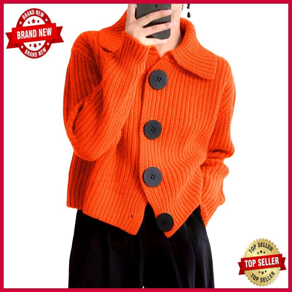 Chunky Knit Cropped Cardigan Sweater Button Down V-Neck Long Sleeve